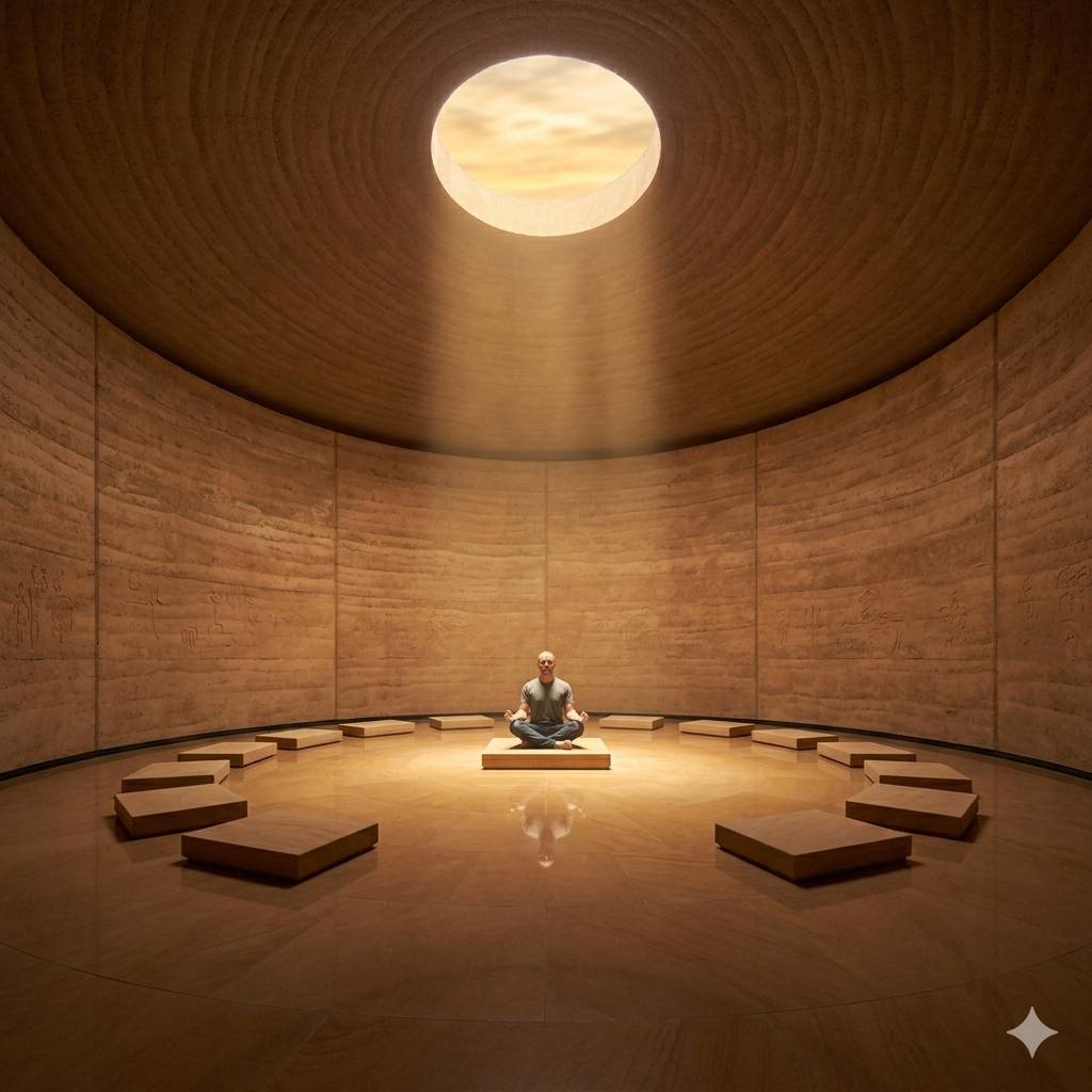 The Inner Sanctum — a rammed-earth dome with a central oculus and a ring of twelve stone seats