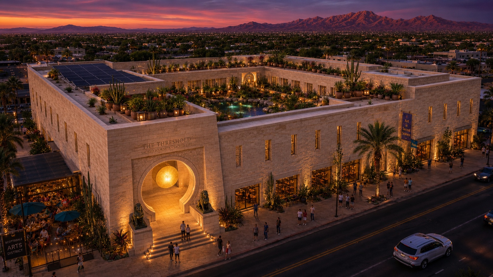 The Threshold at dusk — the complex and its glowing moon gate, Old Town Scottsdale