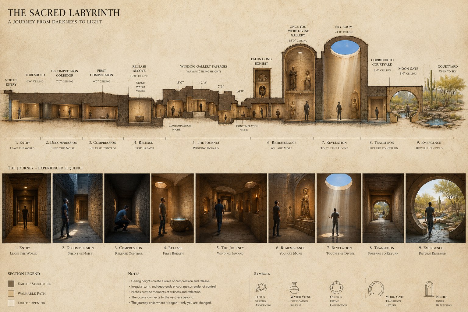 The Sacred Labyrinth — section, plan, and the experienced sequence of nine rooms from the 6.5-foot entry to the 24-foot Sky Room oculus and the open courtyard